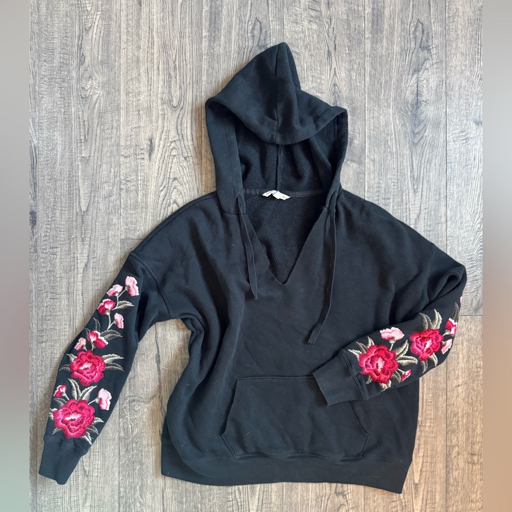 American Eagle Outfitters Black Hoodie with Floral Embroidery